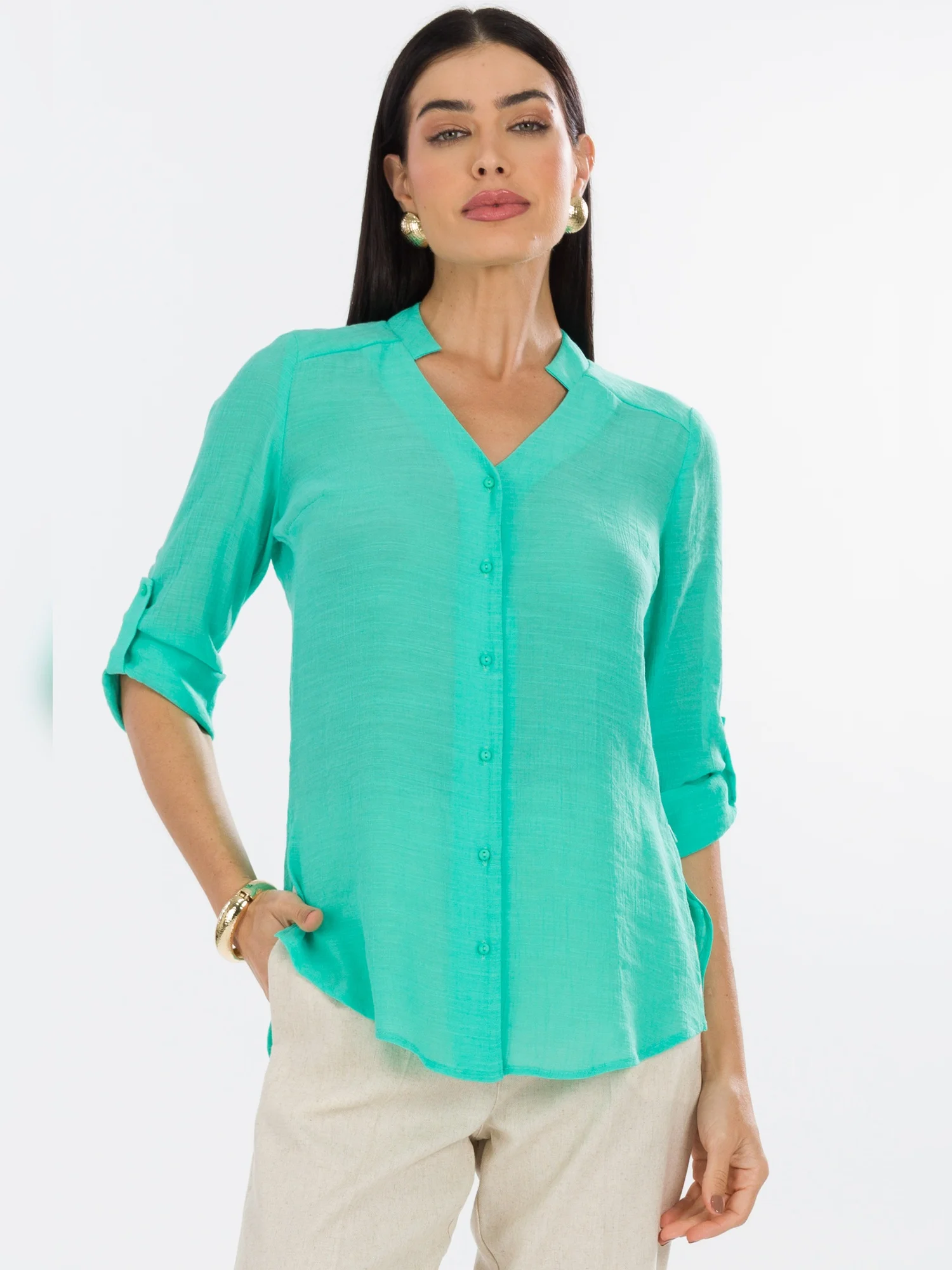 Camisa Alongada De Alfaiataria Feminina Lena Verde Turmalina