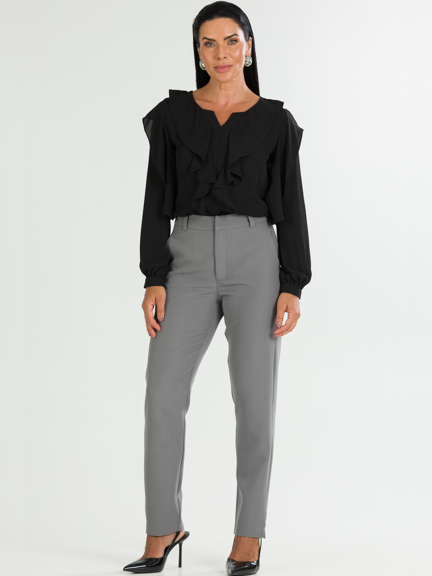 Calça Cigarrete Tradicional De Alfaiataria Feminina Rebeca Cinza