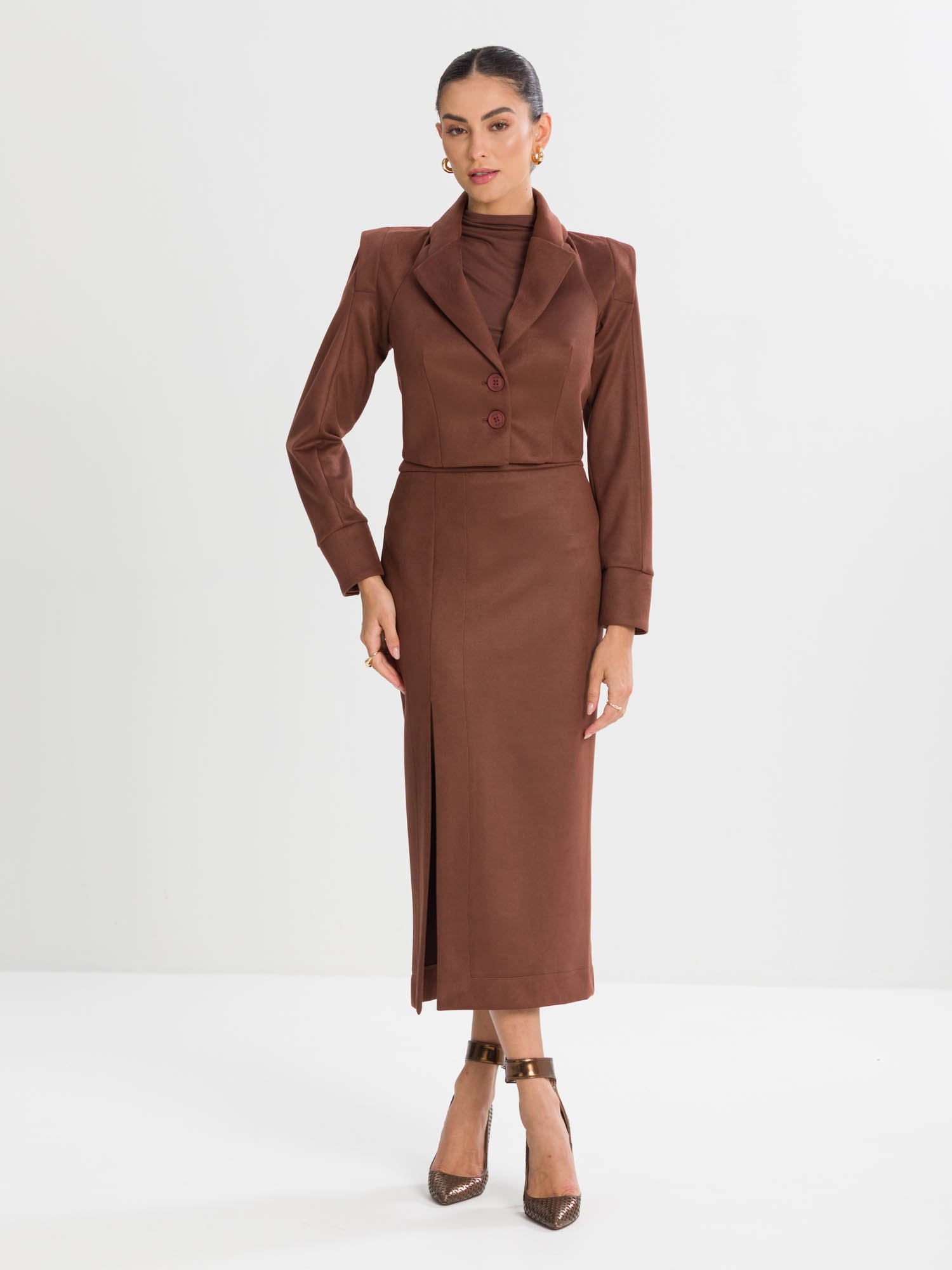 Saia Midi Clarisse Em Suede Twill E Fenda Lateral